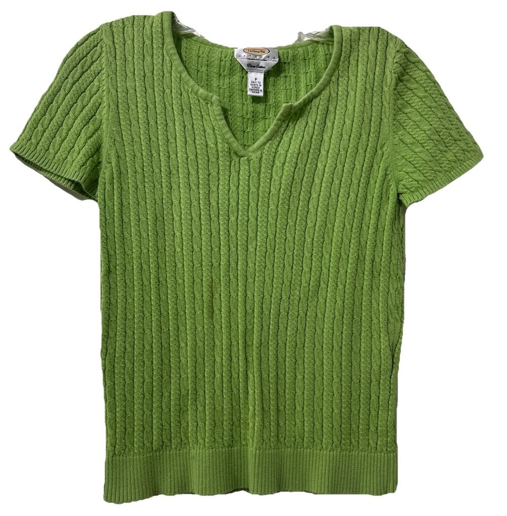 Talbots Petites Pima Cotton Cable Knit Green Sweater Classic Size P/XS